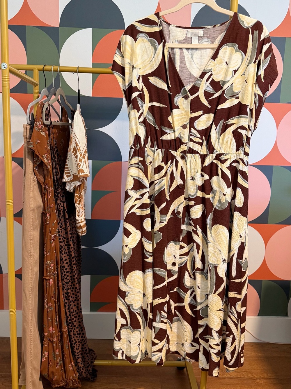 Brown Floral V-Neck Midi Dress with Button Front